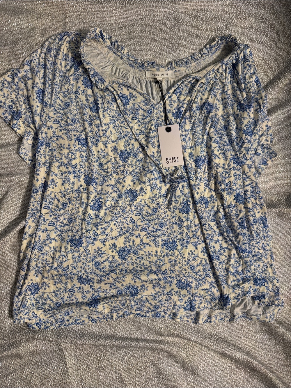 Rose & Olive Cream and Blue Floral Short Sleeve Blouse